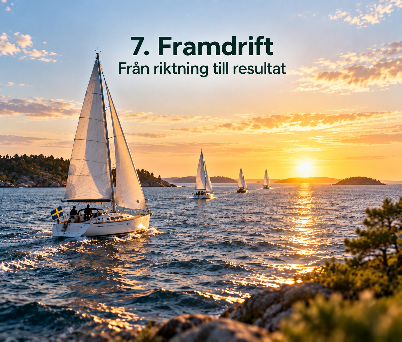 Segelbåtar på väg mot horisonten som symboliserar ledarskap, samordning och framdrift mot gemensamma mål