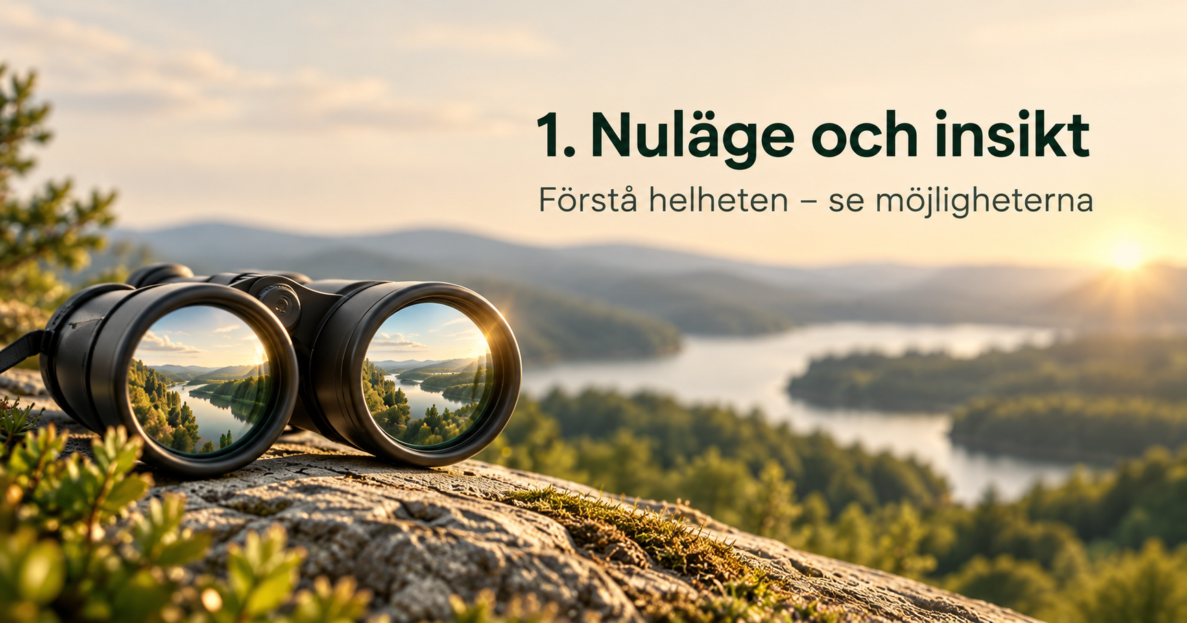 Förstoringsglas över landskap som symboliserar nulägesanalys, helhetssyn och identifiering av utvecklingsmöjligheter
