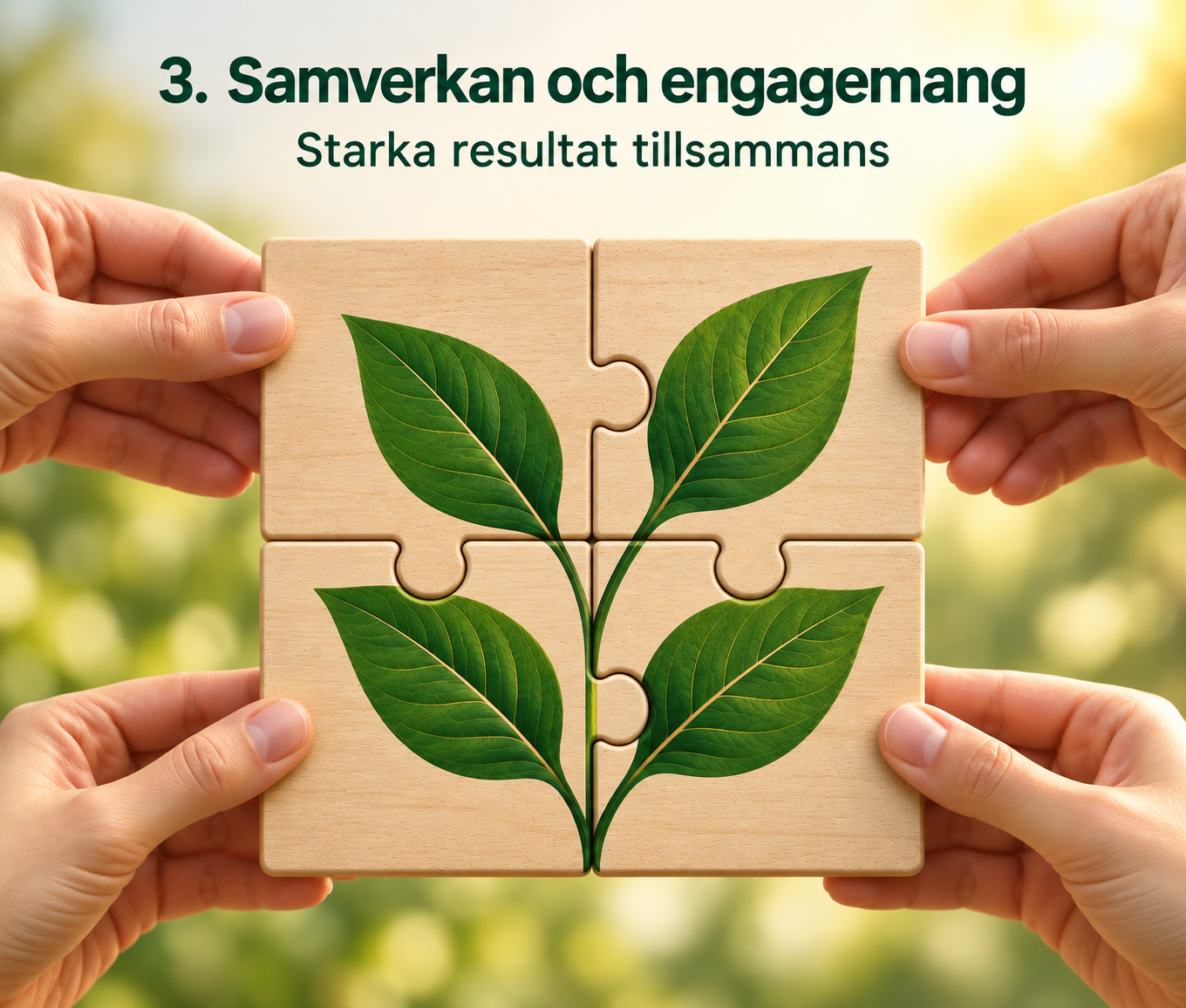 Händer som tillsammans håller ett pussel med en grön växt som symboliserar samverkan, ansvar och gemensam utveckling
