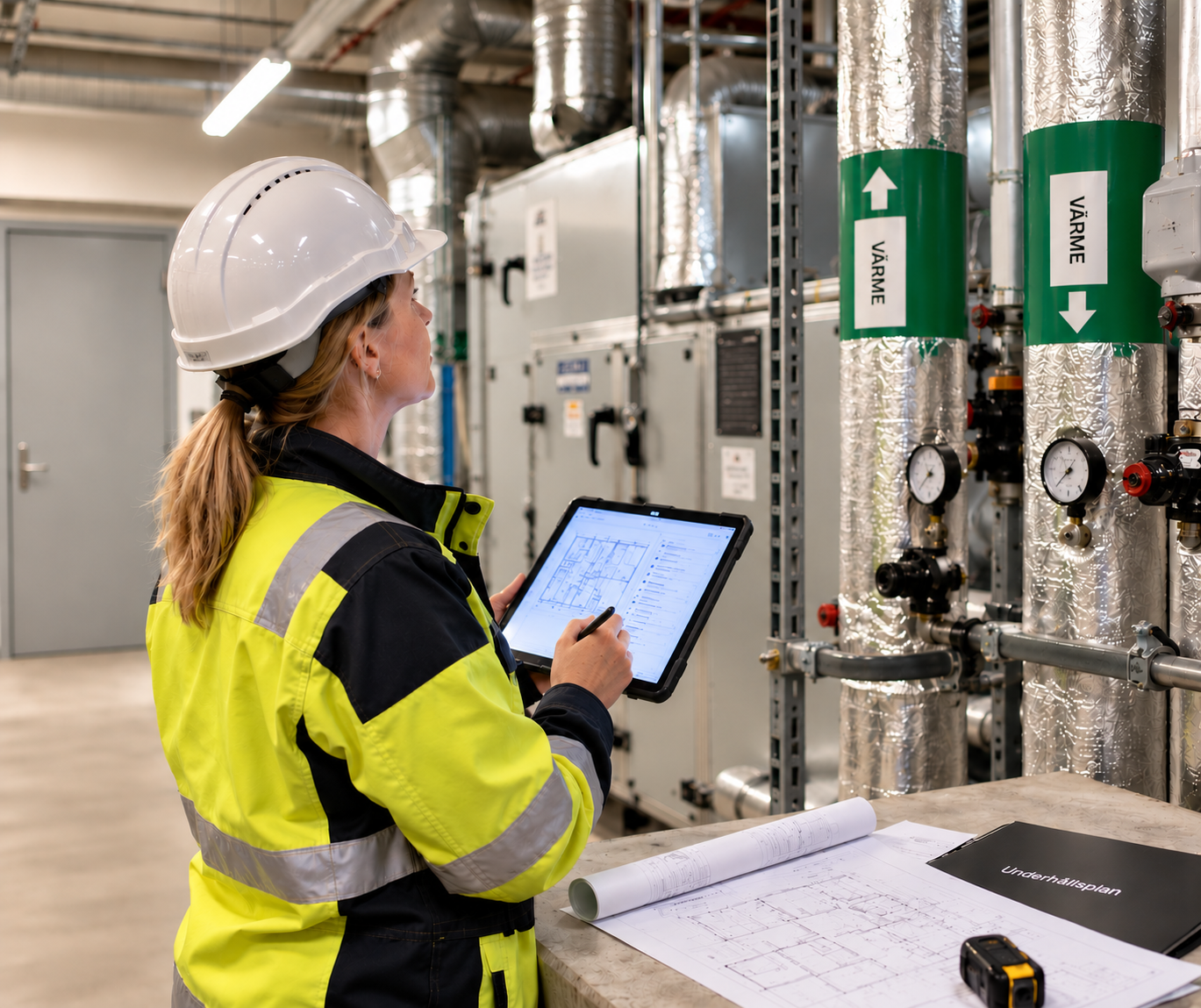 Teknisk förvaltare inspekterar installationer vid underhållsplanering