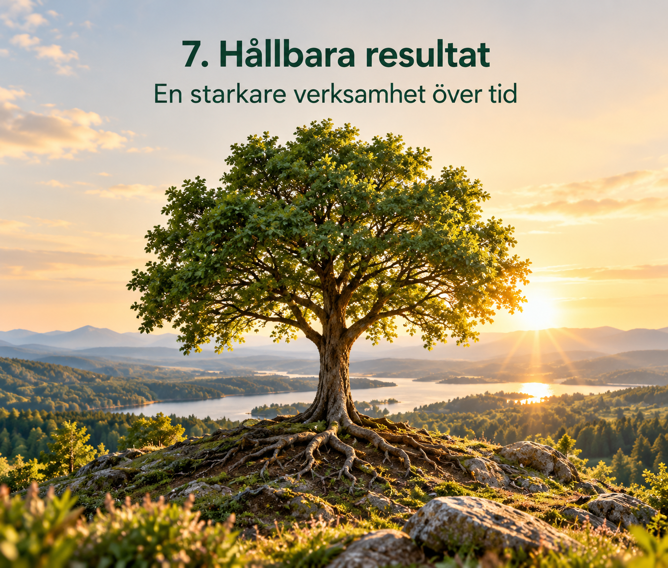 Stort träd med starka rötter som symboliserar långsiktiga resultat och en hållbart utvecklad verksamhet