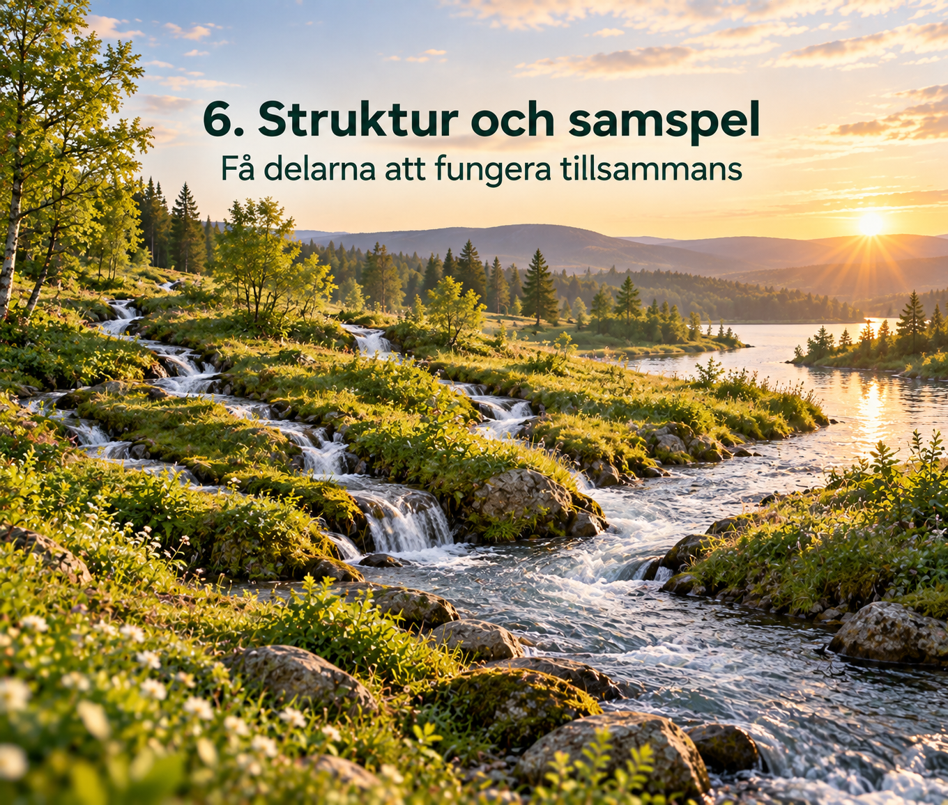Flera mindre vattendrag som förenas och symboliserar struktur, samspel och gemensam riktning